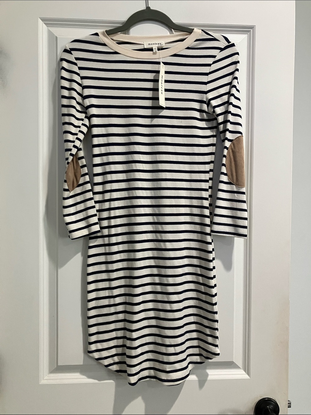 Monteau Navy and White Striped  Dress with Tan Elbow Patches